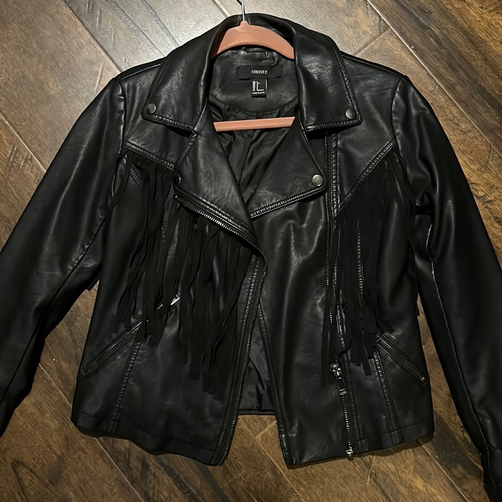 black leather jacket with suede fringe